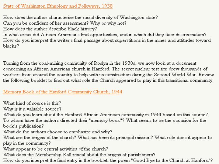 Figure 10: Questions & links to WA ethnology and Hanford Church