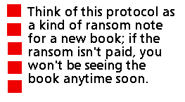 Think of this protocol as a kind of ransom note for a new book; if the ransom isn't paid, you won't be seeing the book anytime soon.