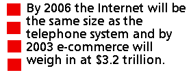 By 2006 the Internet will be the same size as the telephone system and by
2003 e-commerce will weigh in at $3.2 trillion.