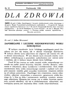 Dla Zdrowia: miesięcznik poświęcony higjenie życia codziennego, R.V, z. 10 (1938)