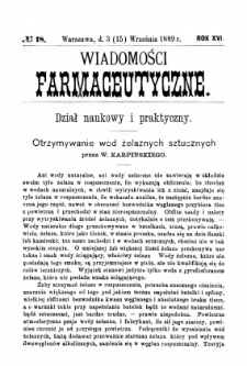 Wiadomości Farmaceutyczne R.XVI, z.18 (1889)