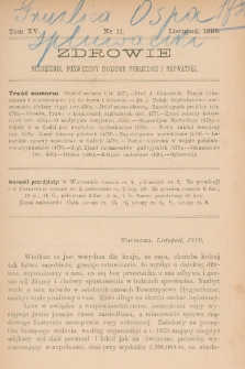 Zdrowie: miesięcznik poświęcony hygienie publicznej i prywatnej 1899, T. XV, nr 11
