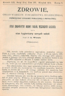Zdrowie: organ Warsz. Towarzystwa Hygienicznego, poświęcony hygienie publicznej i prywatnej 1904, R. XX, T. IV, z. 8