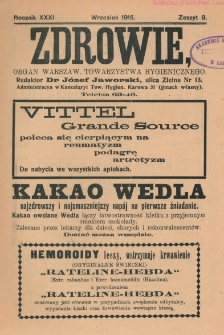 Zdrowie: organ Warsz. Towarzystwa Hygienicznego, poświęcony hygienie publicznej i prywatnej 1915, R.XXXI z.9