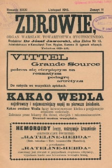 Zdrowie: organ Warsz. Towarzystwa Hygienicznego, poświęcony hygienie publicznej i prywatnej 1915, R. XXXI, z. 11