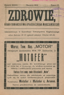 Zdrowie: organ Warsz. Towarzystwa Hygienicznego, poświęcony hygienie publicznej i prywatnej 1919, R. XXXV, z. 8