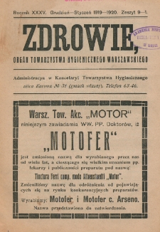 Zdrowie: organ Warsz. Towarzystwa Hygienicznego, poświęcony hygienie publicznej i prywatnej 1919-1920, R.XXXV, z.9