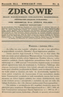Zdrowie: organ Warsz. Towarzystwa Hygienicznego, poświęcony hygienie publicznej 1926, R. XLI, nr 4