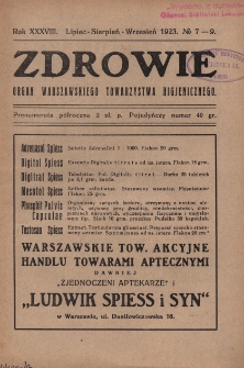 Zdrowie: organ Warsz. Towarzystwa Hygienicznego, poświęcony hygienie publicznej i prywatnej 1923, R. XXXVIII, nr 7-9