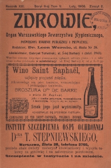 Zdrowie: organ Warsz. Towarzystwa Hygienicznego, poświęcony hygienie publicznej i prywatnej 1905, R. XXI, T. V, z. 2