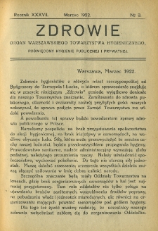 Zdrowie: organ Warsz. Towarzystwa Hygienicznego, poświęcony hygienie publicznej i prywatnej 1922, R. XXXVII, nr 3