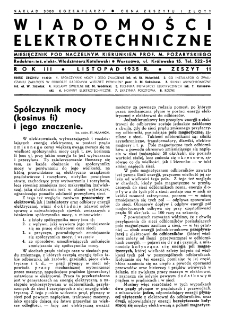Wiadomości Elektrotechniczne : miesięcznik pod naczelną redakcją prof. M. Pożaryskiego. R. III nr 11 (1935)