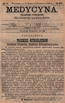 Medycyna : czasopismo tygodniowe dla lekarzy praktyków 1889, T. XVII, nr 14