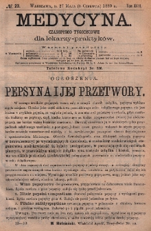 Medycyna : czasopismo tygodniowe dla lekarzy praktyk&oacute;w 1889, T. XVII, nr 23