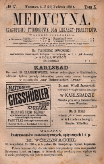Medycyna : czasopismo tygodniowe dla lekarzy praktyków 1882, T. X, nr 17