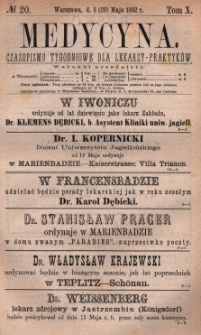 Medycyna : czasopismo tygodniowe dla lekarzy praktyków 1882, T. X, nr 20