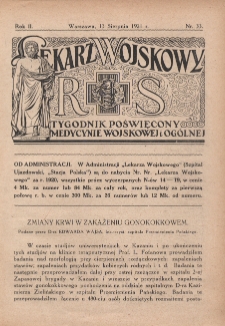 Lekarz wojskowy: tygodnik poświęcony medycynie wojskowej i ogólnej 1921, R. II, nr 33