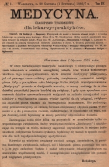Medycyna : czasopismo tygodniowe dla lekarzy praktyków 1887, T.XV, nr 1
