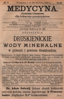 Medycyna : czasopismo tygodniowe dla lekarzy praktyków 1887, T.XV, nr 17