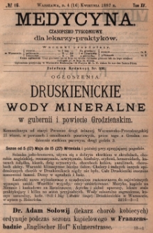 Medycyna : czasopismo tygodniowe dla lekarzy praktyków 1887, T.XV, nr 16