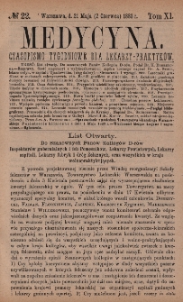 Medycyna : czasopismo tygodniowe dla lekarzy praktyków 1883, T. XI, nr 22