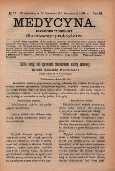 Medycyna : czasopismo tygodniowe dla lekarzy praktyków 1891, T. XIX, nr 37