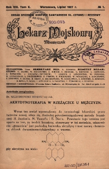 Lekarz wojskowy : miesięcznik organ oficerów korpusu sanitarnego sł. czynnej i rezerwy 1927, R. VIII, T. X, nr 1