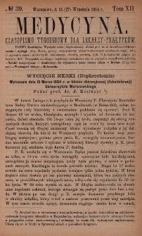 Medycyna : czasopismo tygodniowe dla lekarzy praktyków 1884, T. XII, nr 39