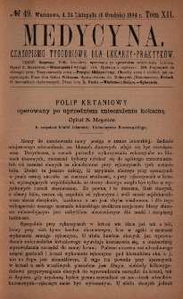 Medycyna : czasopismo tygodniowe dla lekarzy praktyków 1884, T. XII, nr 49