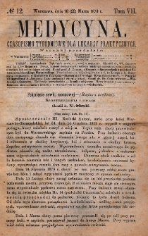 Medycyna : czasopismo tygodniowe dla lekarzy praktycznych 1879, T.VII, nr 12