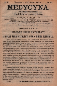 Medycyna : czasopismo tygodniowe dla lekarzy praktyków 1889, T. XVII, nr 51