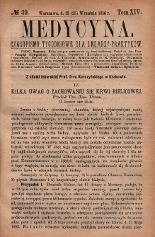 Medycyna : czasopismo tygodniowe dla lekarzy praktyków 1886, T. XIV, nr 39