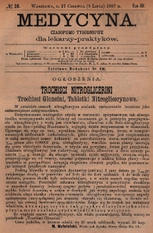 Medycyna : czasopismo tygodniowe dla lekarzy praktyków 1887, T.XV, nr 28
