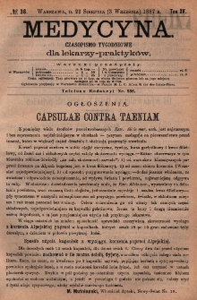 Medycyna : czasopismo tygodniowe dla lekarzy praktyków 1887, T.XV, nr 36
