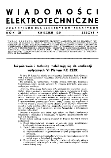 Wiadomości Elektrotechniczne : miesięcznik pod naczelną redakcją prof. M. Pożaryskiego. R. XI nr 4 (1951)