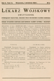 Lekarz wojskowy: dwutygodnik organ oficerów korpusu sanitarnego sł. czynnej i rezerwy 1929, R.X, T. XIV, nr 5