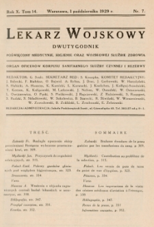Lekarz wojskowy: dwutygodnik organ oficerów korpusu sanitarnego sł. czynnej i rezerwy 1929, R.X, T. XIV, nr 7