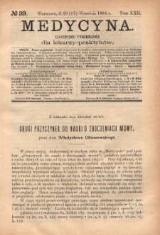 Medycyna : czasopismo tygodniowe dla lekarzy praktyków 1894, T. XXII, nr 39
