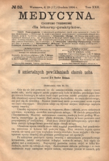 Medycyna : czasopismo tygodniowe dla lekarzy praktyków 1894, T. XXII, nr 52