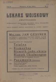 Lekarz wojskowy: dwutygodnik poświęcony medycynie, higjenie oraz wojskowej służbie zdrowia, organ oficer&oacute;w korpusu sanitarnego sł. czynnej i rezerwy 1932, R. XIII, T. XIX, nr 4