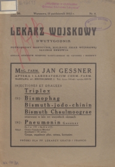 Lekarz wojskowy: dwutygodnik poświęcony medycynie, higjenie oraz wojskowej służbie zdrowia, organ oficer&oacute;w korpusu sanitarnego sł. czynnej i rezerwy 1932, R. XIII, T. XX, nr 8