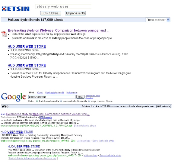 Figure 1: The two interfaces compared in the study. The novel Etsin interface on the top and Google interface in the bottom.