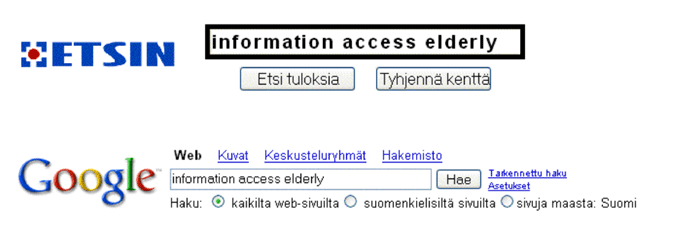 Figure 2: The text boxes for the queries in Etsin and Google.